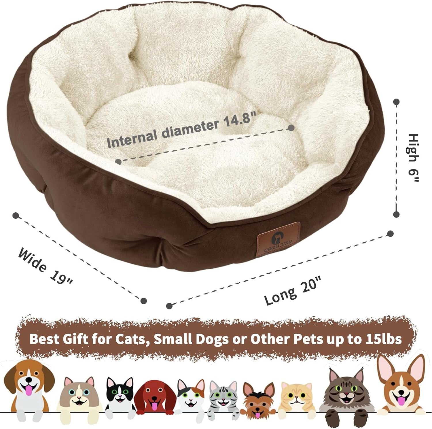 Cozy & Soft bed for Dogs  & Cats, Pet Bed for Puppy and Kitty, Machine Washable with Anti-Slip & Water-Resistant Oxford Bottom, Brown, 20 Inches